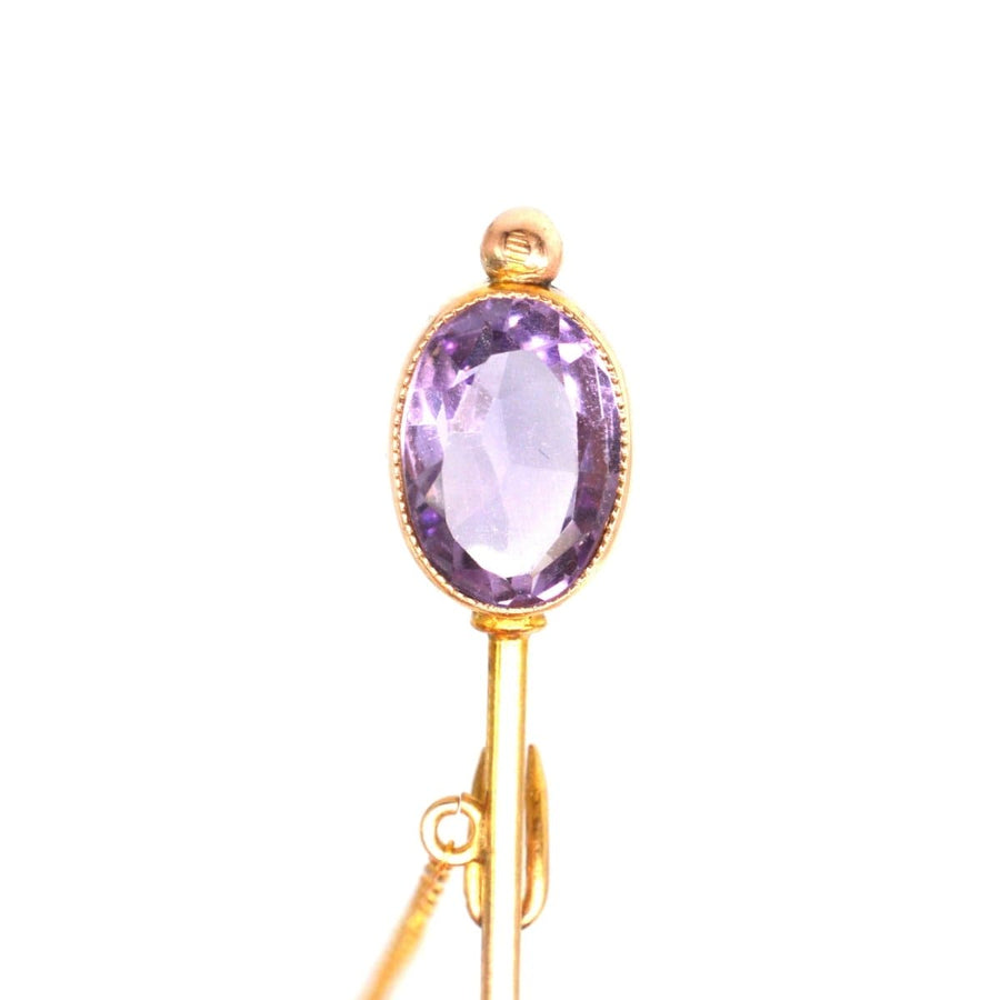 Nahaufnahme einer edwardianischen Krawattennadel aus 9 Karat Gold mit einem ovalen lila Amethyst-Edelstein.