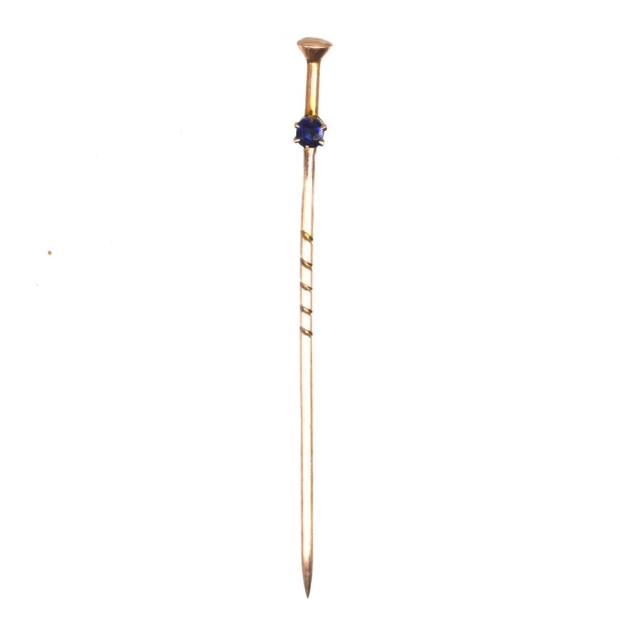 Edwardian 9ct gold tie pin shaped like a walking cane, adorned with a sapphire, perfect for weddings and September birthdays.