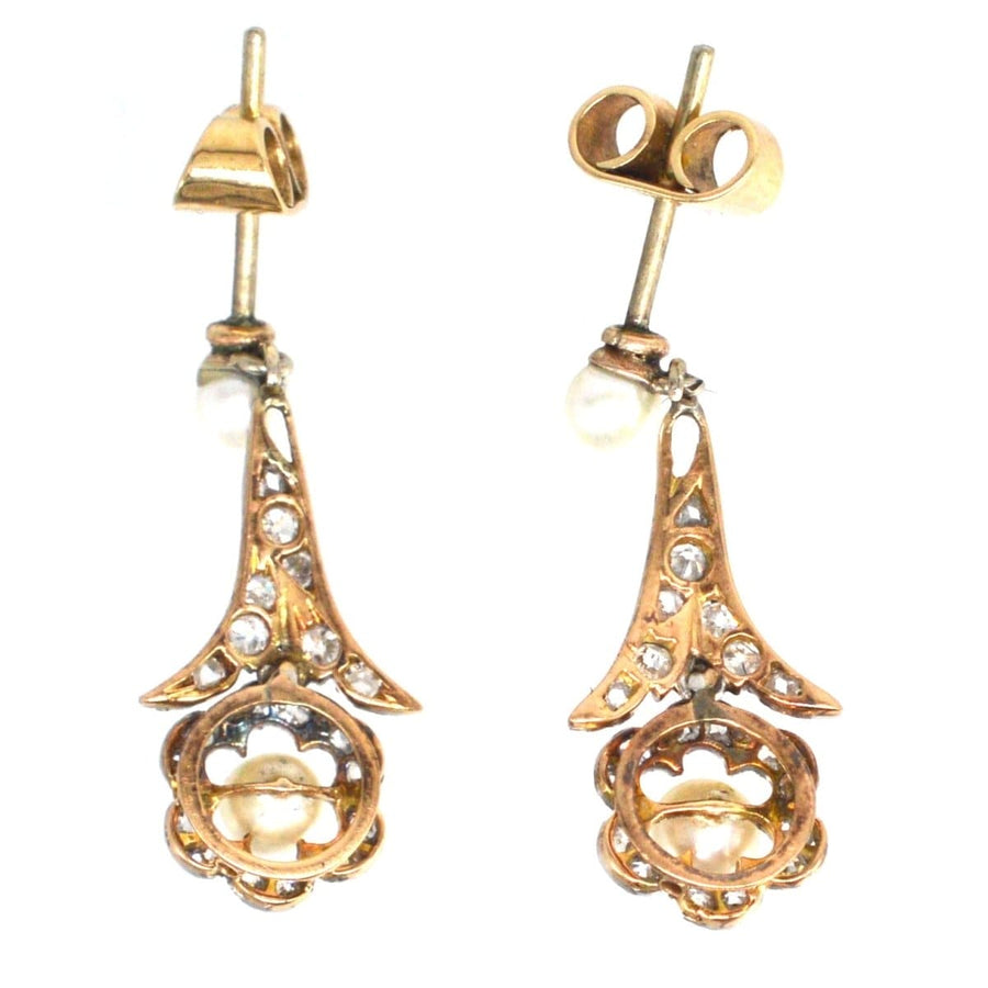 Edwardianische Ohrringe aus Platin und 18-karätigem Gold mit Perlen und Diamanten mit floralen Motiven, perfekt für Hochzeiten.
