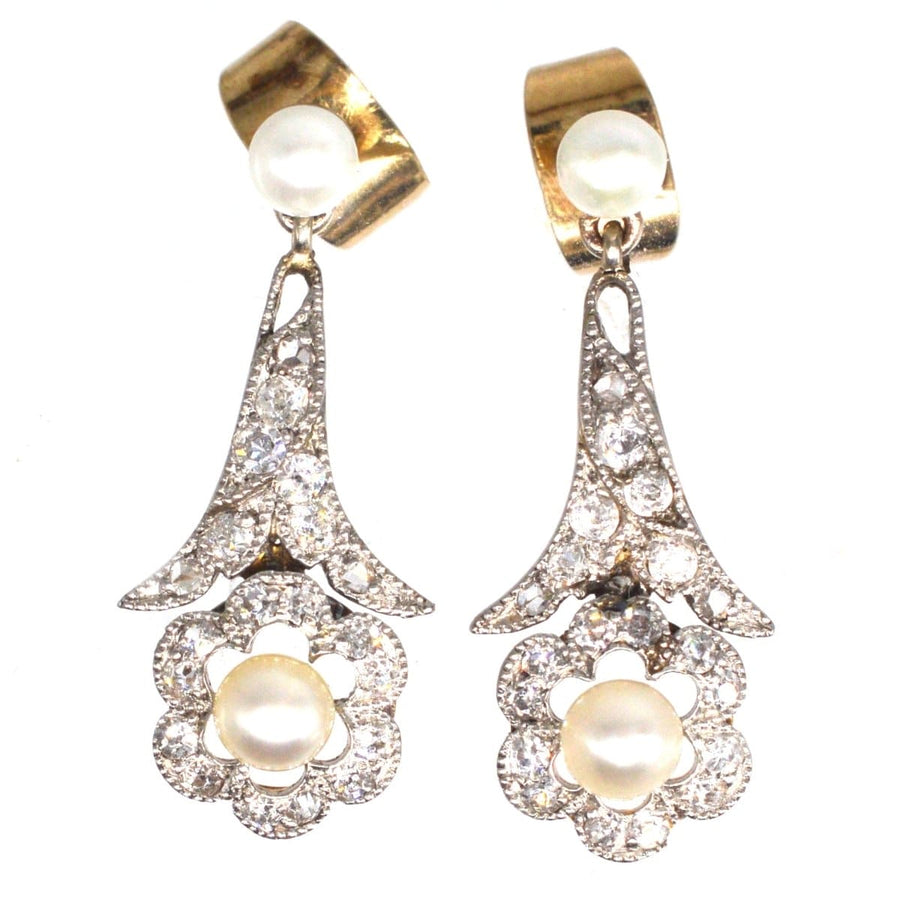 Edwardianische Perlen- und Diamantohrringe aus Platin und Gold mit floralen Motiven und Blattmotiven.