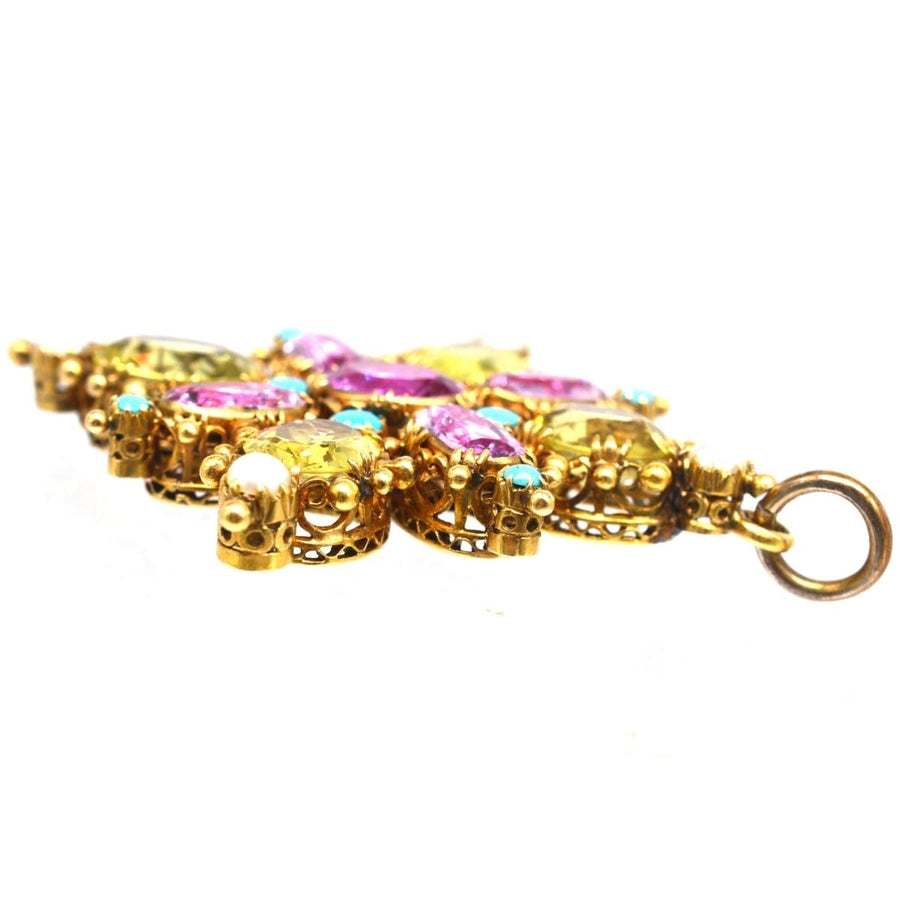 Anhänger aus georgischem 15-karätigem Gold mit rosa Topas, Chrysoberyll, gespaltener Perle und Türkis, aus den 1820er Jahren.