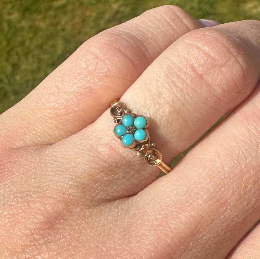 Georgianischer William IV. Ring aus 18 Karat Gold mit einer Gruppe von Türkisblüten auf einer Hand.