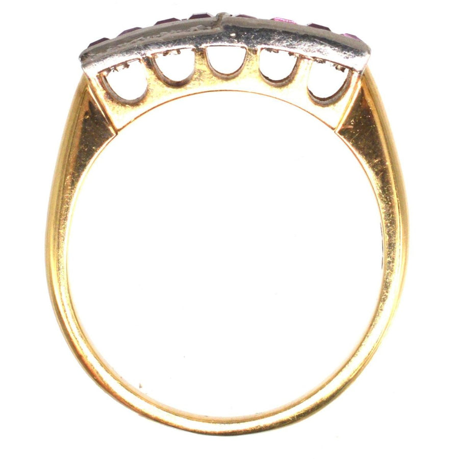 Deutsche Mitte des Jahrhunderts 14ct Gold und Platin Rubin & Rose Diamant Geometrische Ring | Parkin und Gerrish | Antike & Vintage-Schmuck