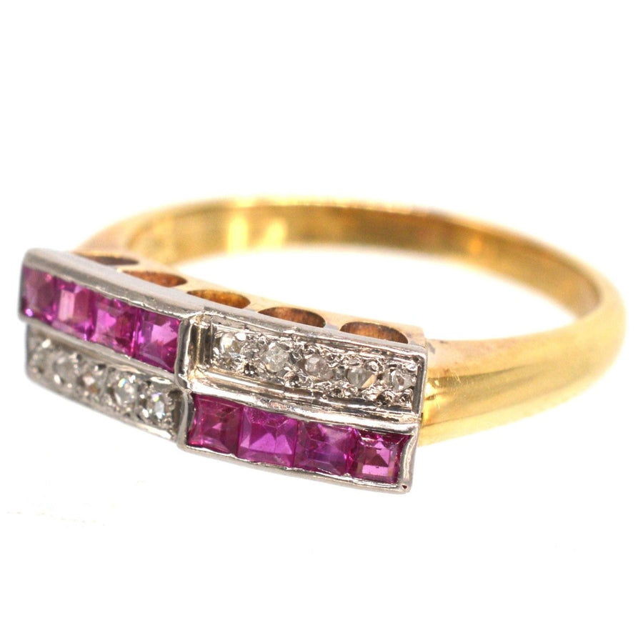 Deutsche Mitte des Jahrhunderts 14ct Gold und Platin Rubin & Rose Diamant Geometrische Ring | Parkin und Gerrish | Antike & Vintage-Schmuck