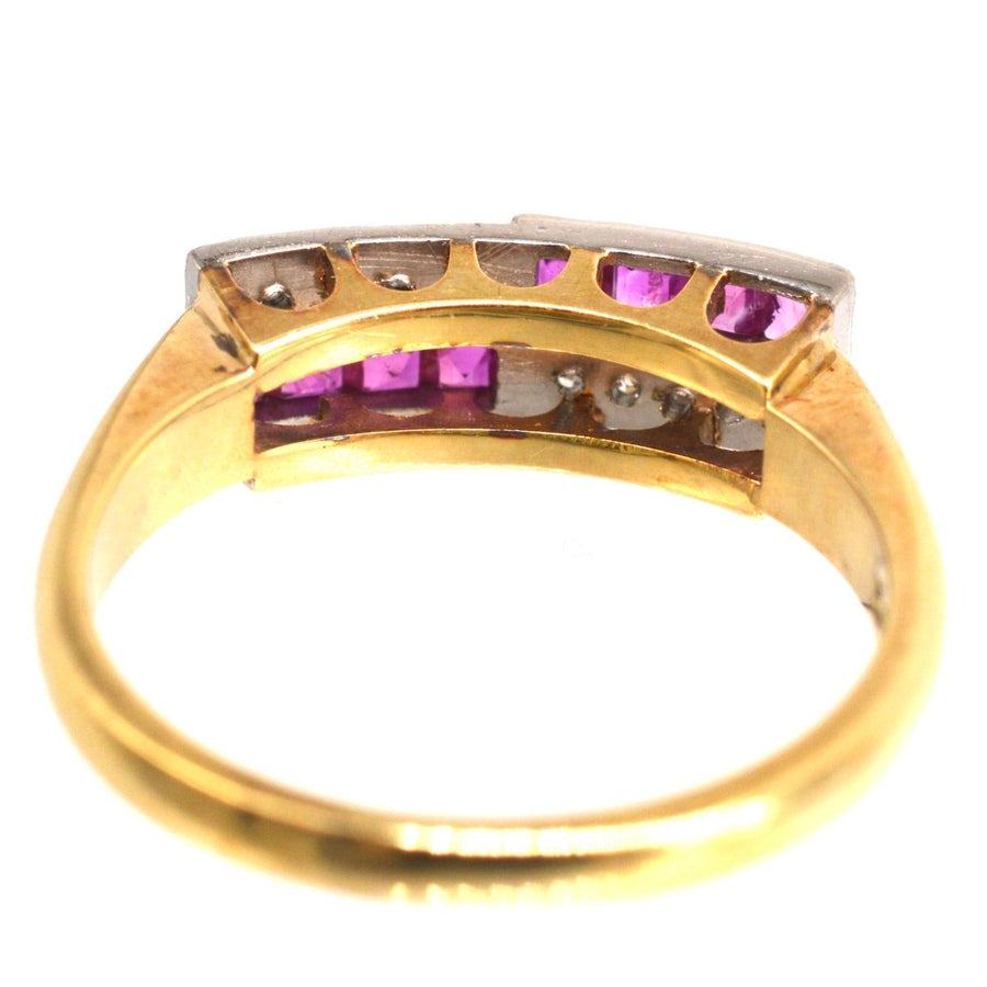 Deutsche Mitte des Jahrhunderts 14ct Gold und Platin Rubin & Rose Diamant Geometrische Ring | Parkin und Gerrish | Antike & Vintage-Schmuck