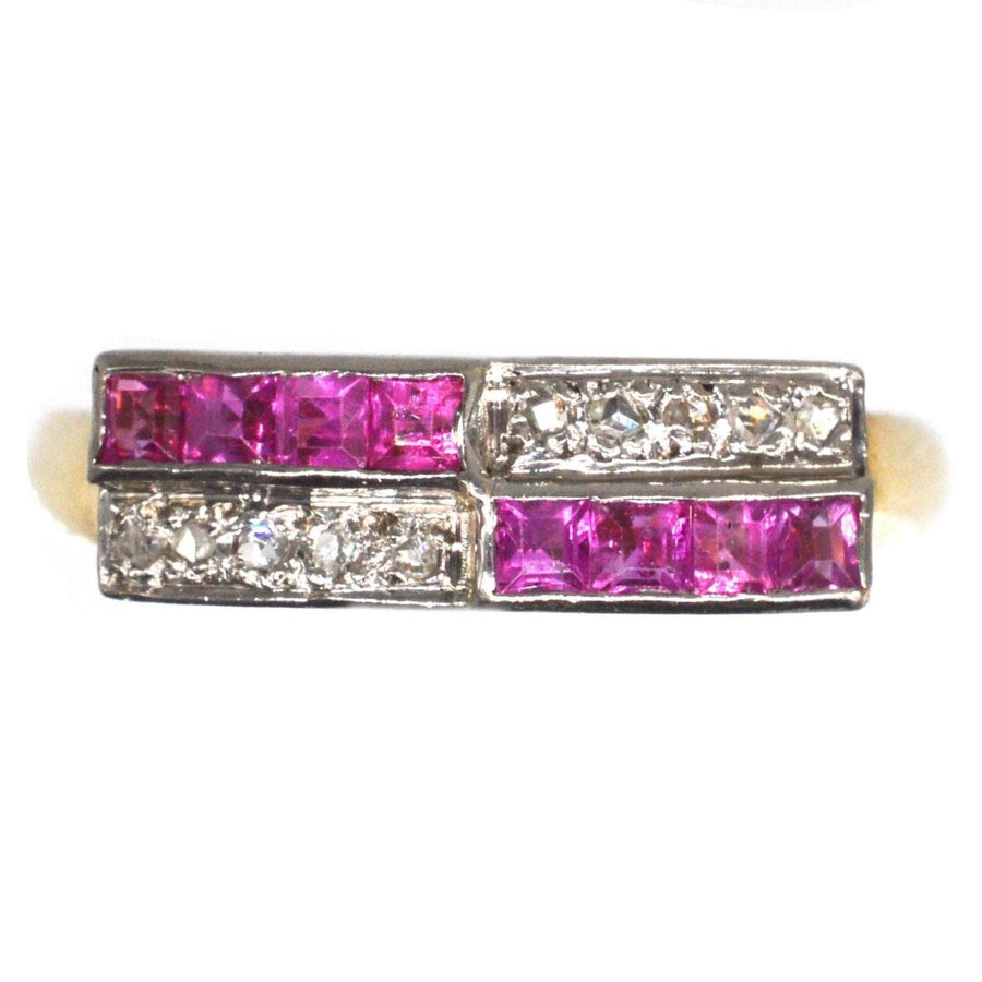 Deutsche Mitte des Jahrhunderts 14ct Gold und Platin Rubin & Rose Diamant Geometrische Ring | Parkin und Gerrish | Antike & Vintage-Schmuck