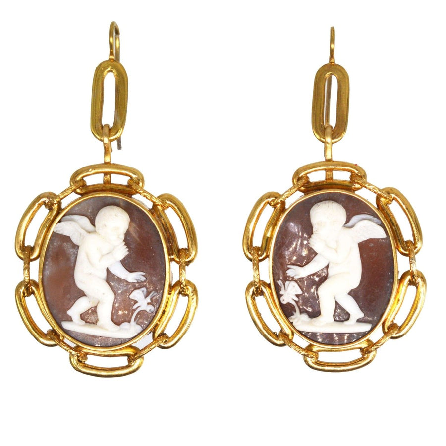 Große 15ct Gold Cameo Ohrringe des 19. Jahrhunderts von Amor und ein Schmetterling | Parkin und Gerrish | Antike & Vintage-Schmuck