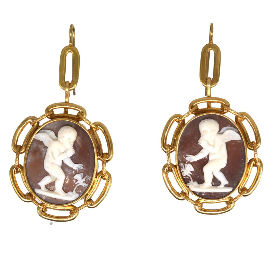 Große 15ct Gold Cameo Ohrringe des 19. Jahrhunderts von Amor und ein Schmetterling | Parkin und Gerrish | Antike & Vintage-Schmuck