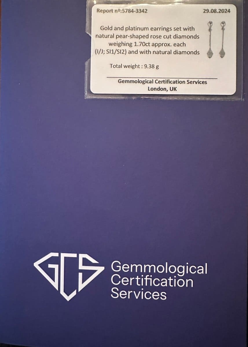 Ohrringe aus Gold und Platin mit birnenförmigen Diamanten im Rosenschliff, zertifiziert von Gemmological Certification Services.