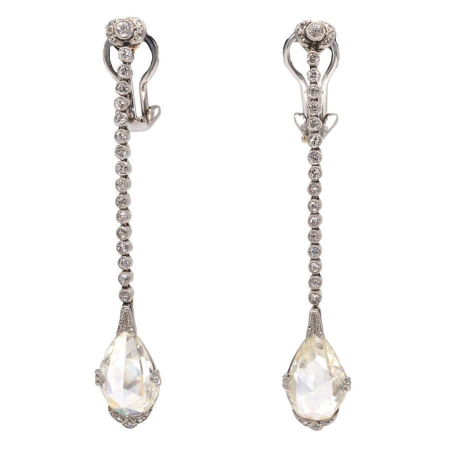 Große edwardianische Platin-Tropfenohrringe mit Diamanten im Rosenschliff und Jugendstil-Design.