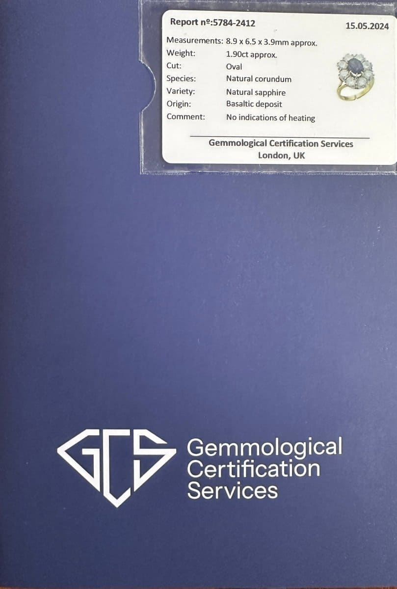 Gemmologischer Zertifizierungsbericht für einen natürlichen Saphir von 1,9 Karat mit genauen Angaben zu Abmessungen und Herkunft.