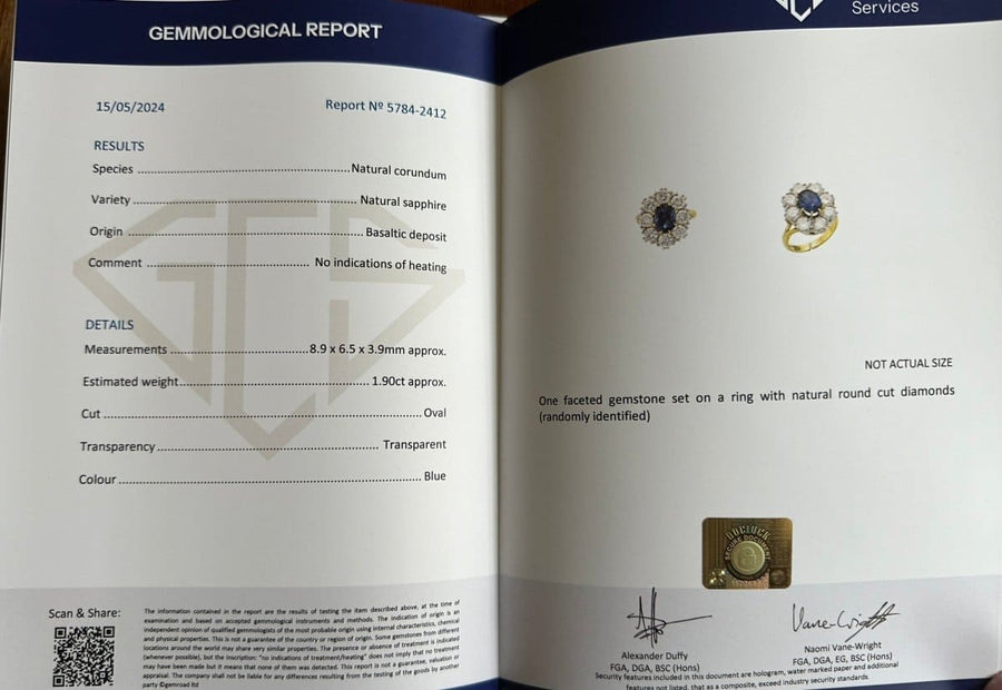Gemmologischer Bericht für einen Saphirring, mit detaillierten Angaben zu natürlichen Saphiren und Diamanten, datiert auf den 15. Mai 2024.