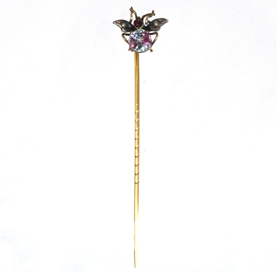 Spätes 19. Jahrhundert Silber & Gold Fliegenkäfer Krawattennadel mit Iris Glas, Saatperlen & Paste | Parkin und Gerrish | Antike & Vintage Schmuck