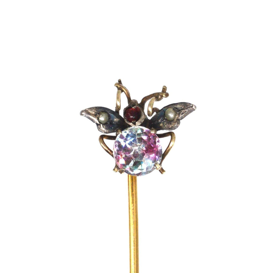 Spätes 19. Jahrhundert Silber & Gold Fliegenkäfer Krawattennadel mit Iris Glas, Saatperlen & Paste | Parkin und Gerrish | Antike & Vintage Schmuck