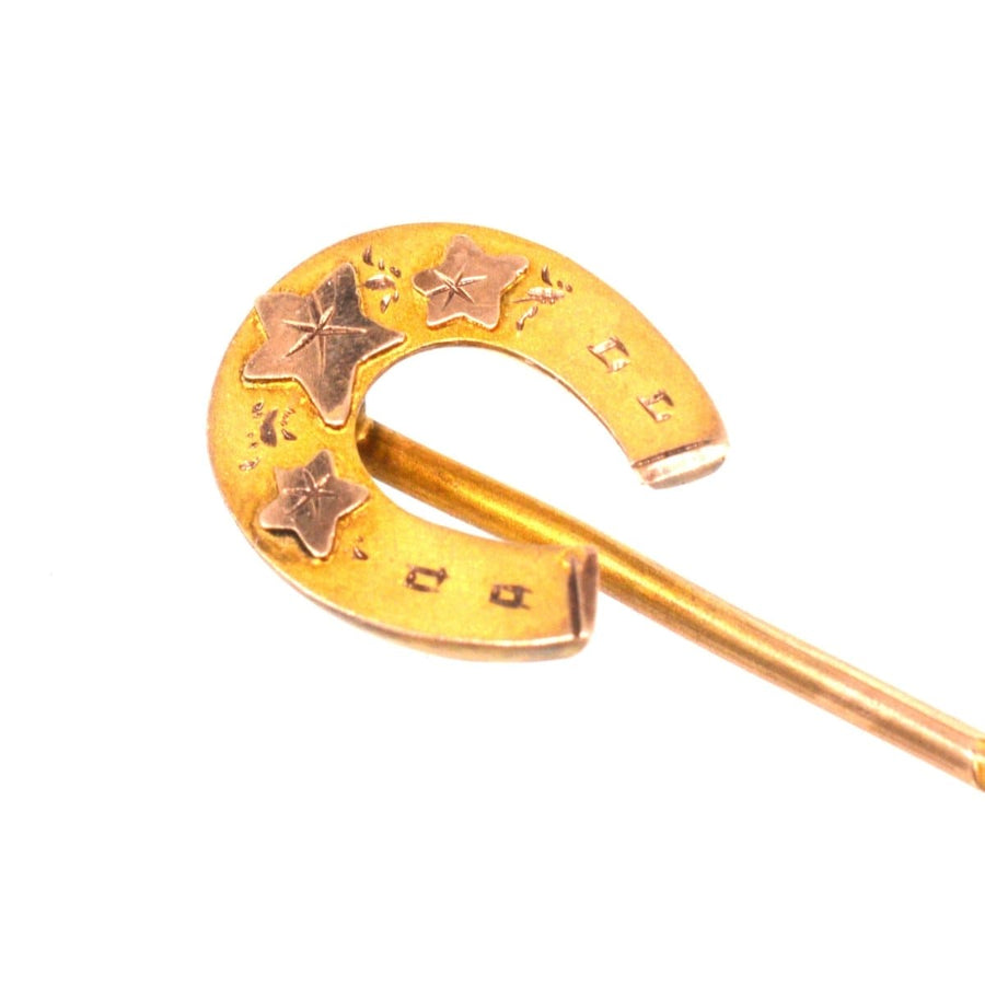 Spätviktorianische Hufeisen-Krawattennadel aus 9 Karat Gold mit Efeublattmuster, das Glück und Hingabe symbolisiert.