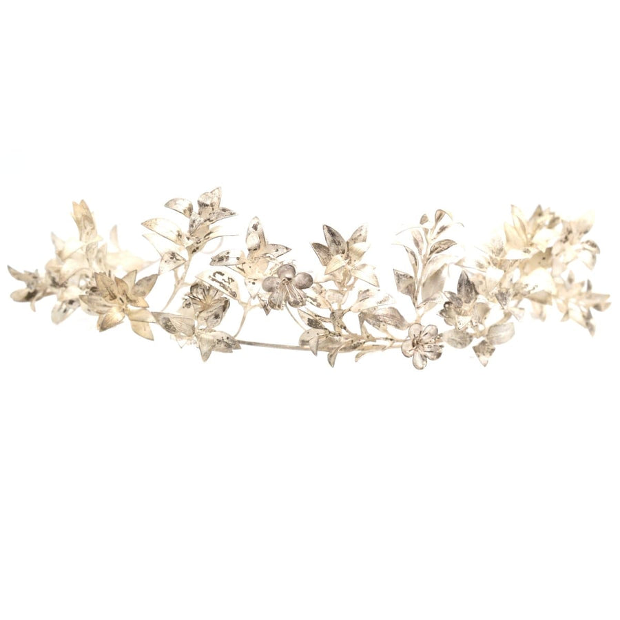 Mitte des 19. Jahrhunderts viktorianisches Blatt-Silber-Diadem mit kompliziertem Blumenmuster für Hochzeiten.