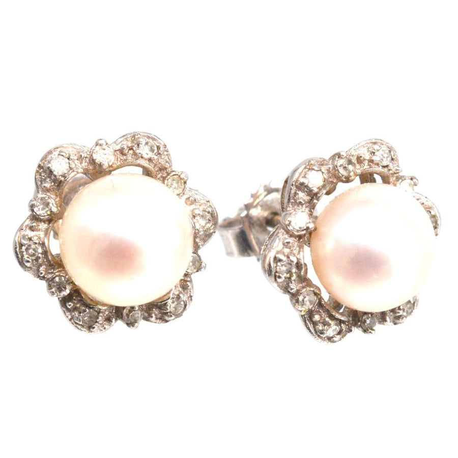 Mid Century 9ct Weißgold Perle und Diamant Stern Cluster Ohrringe aus den 1950er Jahren, elegante Vintage-Schmuck.