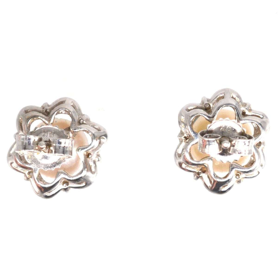 Mid Century 9ct Weißgold Perle und Diamant Stern Cluster Ohrringe, Vintage 1950er-1960er Jahre Design.