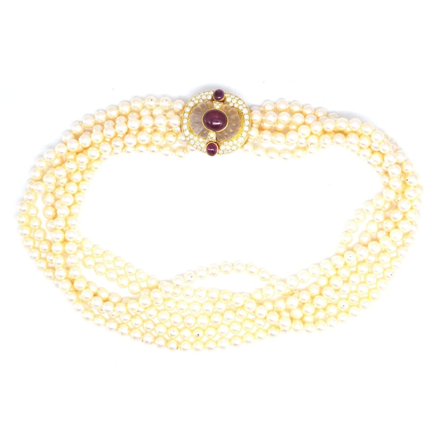 Französisches Torsade-Halsband aus 18 Karat Gold mit Rubin- und Diamantverschluss aus der Jahrhundertmitte.