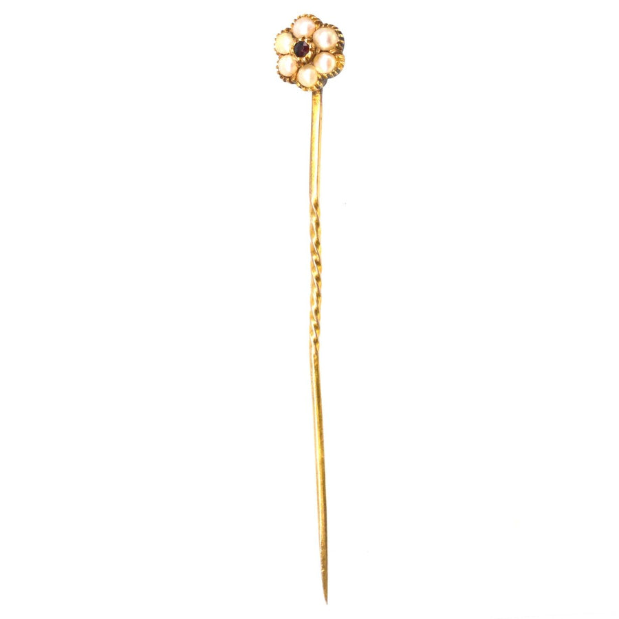 Regency 15ct Gold Perle und Granat Cluster Krawattennadel | Parkin und Gerrish | Antike & Vintage-Schmuck