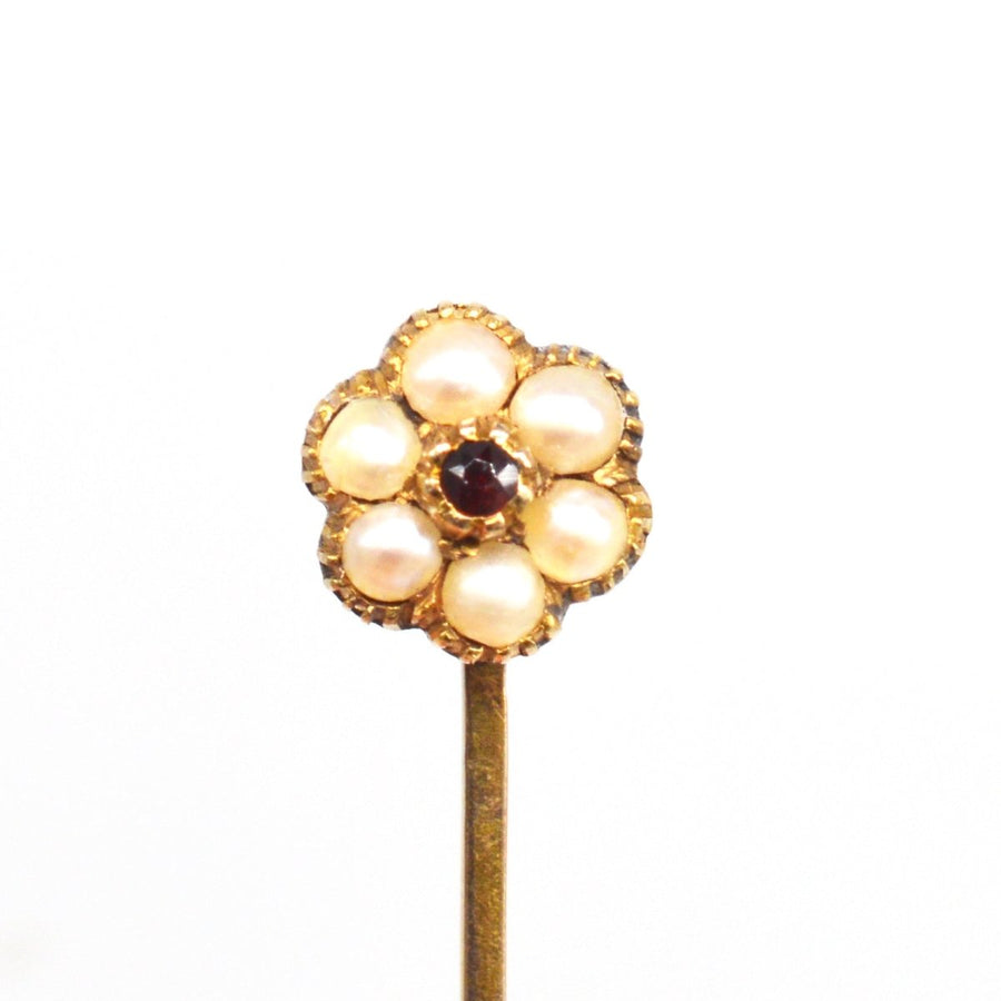 Regency 15ct Gold Perle und Granat Cluster Krawattennadel | Parkin und Gerrish | Antike & Vintage-Schmuck
