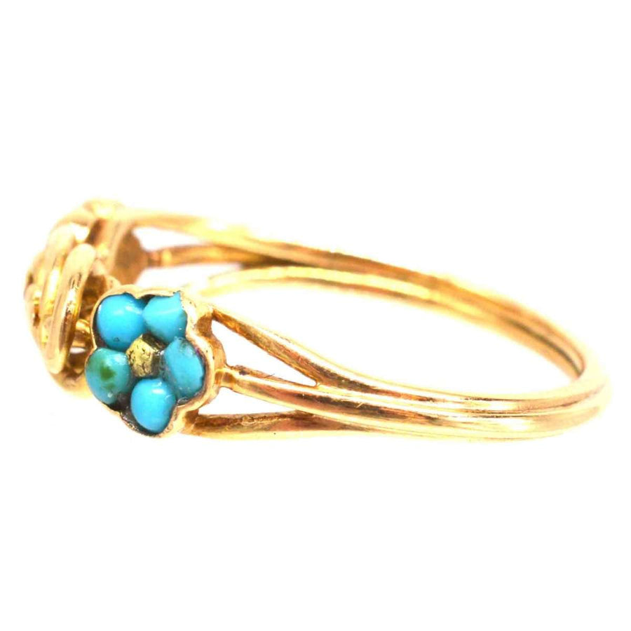 Knotenring aus 18-karätigem Regency-Gold mit Vergissmeinnicht-Blüten aus Türkis, einem Symbol für dauerhafte Liebe.