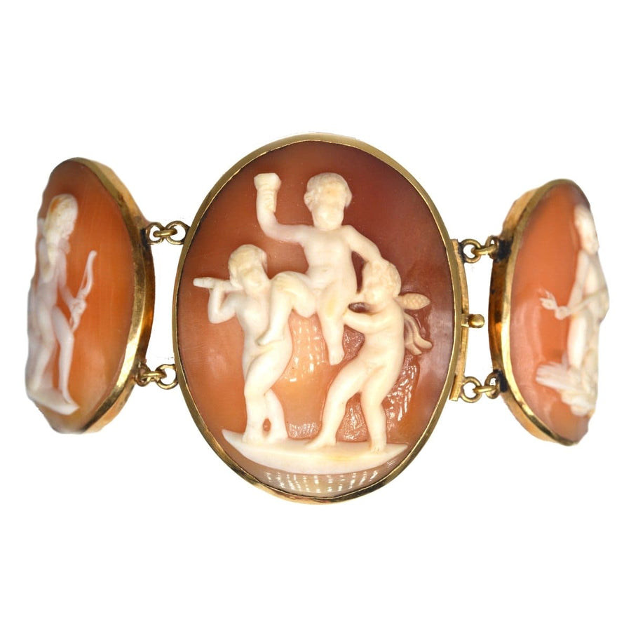 Regency 18ct gold bracelet with hand-carved shell cameos of Cupid, dating to the 1820s-1840s.