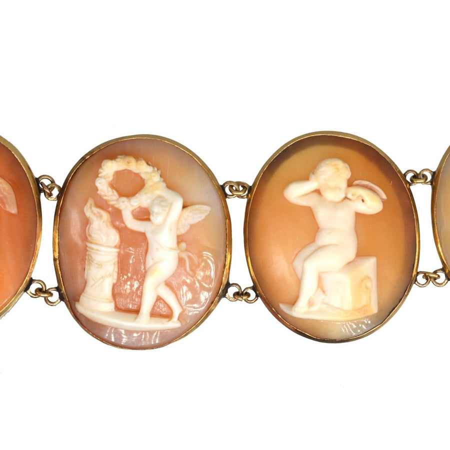 Regency 18ct gold bracelet featuring hand-carved shell cameos of Cupid in romantic scenes from the 1820s-1840s.