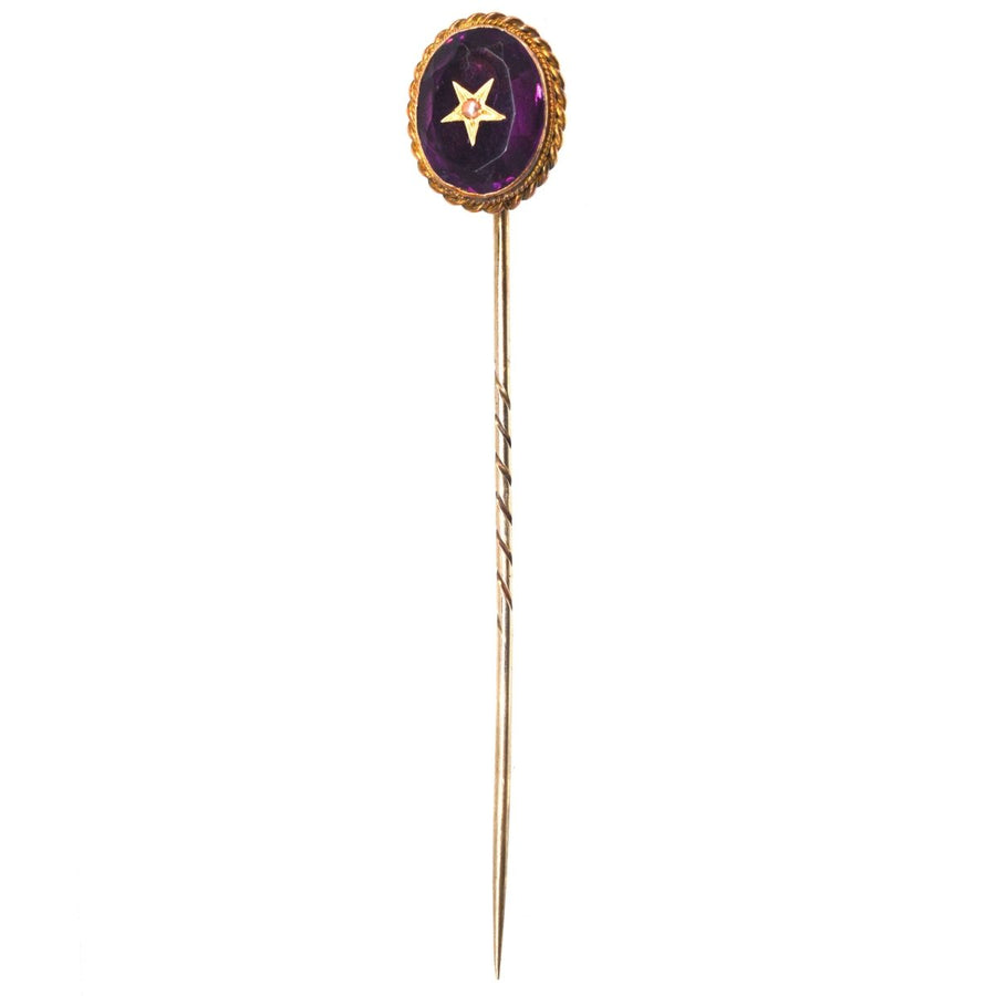 Viktorianische 15ct Gold Amethyst und Perle Stern Krawattennadel | Parkin und Gerrish | Antike & Vintage-Schmuck