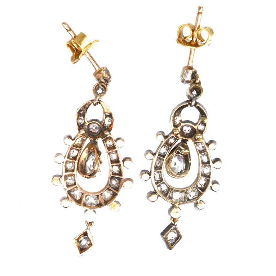 Victorian gold and silver diamond drop earrings with 2.4 carats, set in Carrington & Co case, circa 1860.
