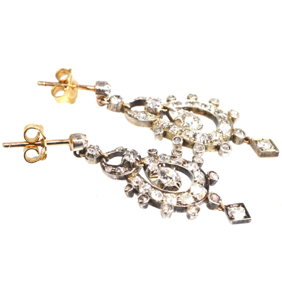 Victorian 15ct gold and silver diamond drop earrings featuring 2.4 carats of diamonds, circa 1860.