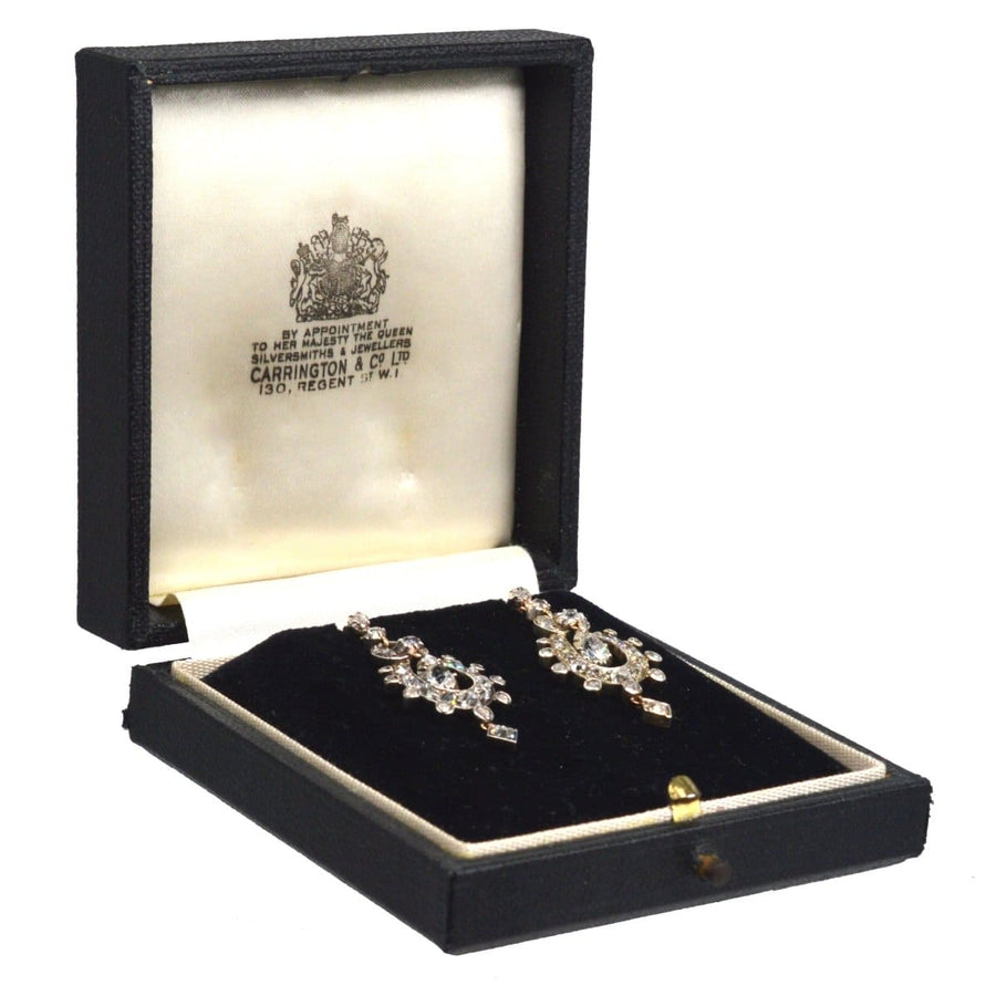 Victorian 15ct gold and silver diamond drop earrings in Carrington & Co case, featuring 2.4 carats of exquisite diamonds.