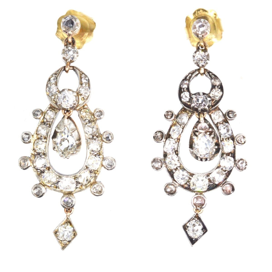 Victorian 15ct gold and silver diamond drop earrings with a 2.4 carat total weight, crafted around 1860.