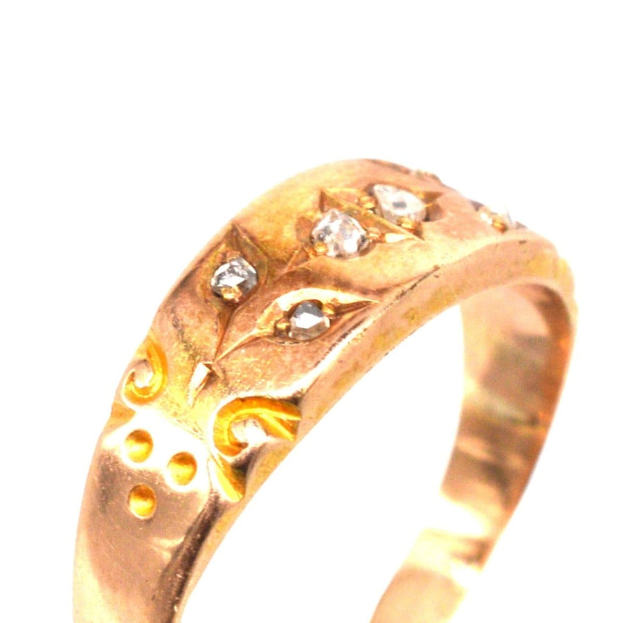 Victorian 15ct gold band ring featuring rose cut diamonds, hallmarked Birmingham 1892, ideal for engagement or wedding.