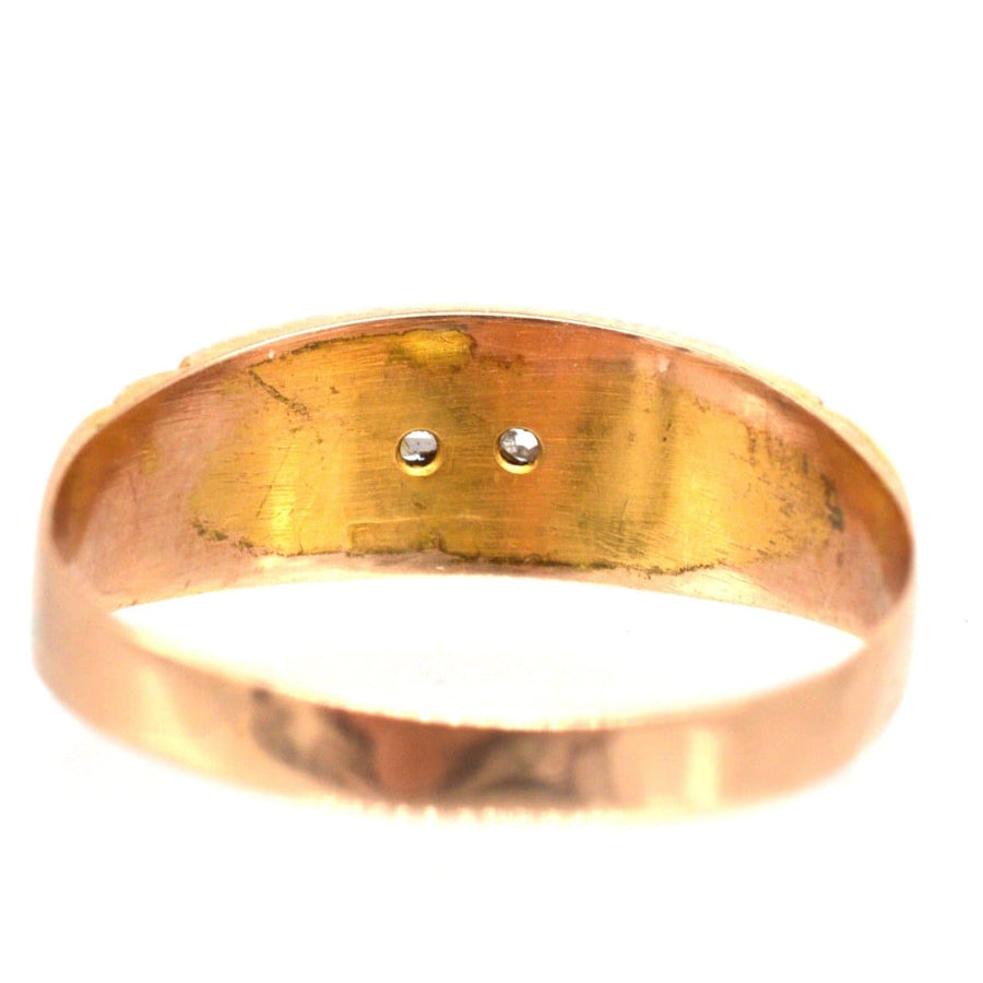 Back view of a Victorian 15ct gold band ring featuring rose cut diamonds, hallmarked Birmingham 1892.