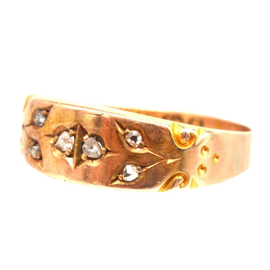 Victorian 15ct gold band ring with rose cut diamonds, Birmingham hallmark 1892, ideal for engagement or wedding.
