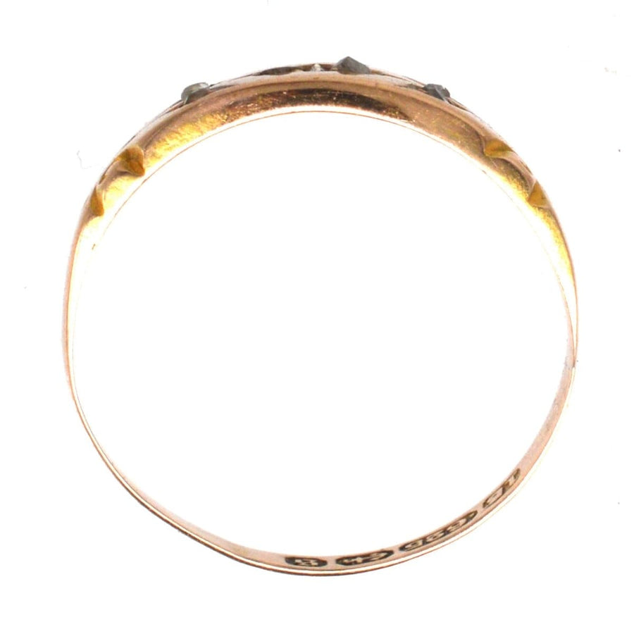 Victorian 15ct gold band ring featuring rose cut diamonds, hallmarked in Birmingham 1892, ideal for engagement or wedding.