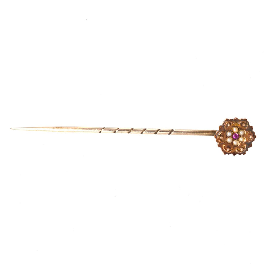 Viktorianische 15ct Gold Perle und Rubin Cluster Krawattennadel | Parkin und Gerrish | Antike & Vintage-Schmuck