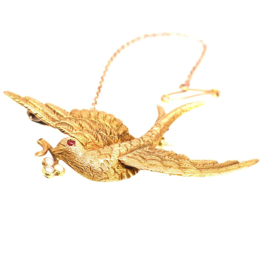 Viktorianische Schwalbenhalskette aus 15 Karat Gold mit Perlenblüte, die Liebe und Treue symbolisiert.