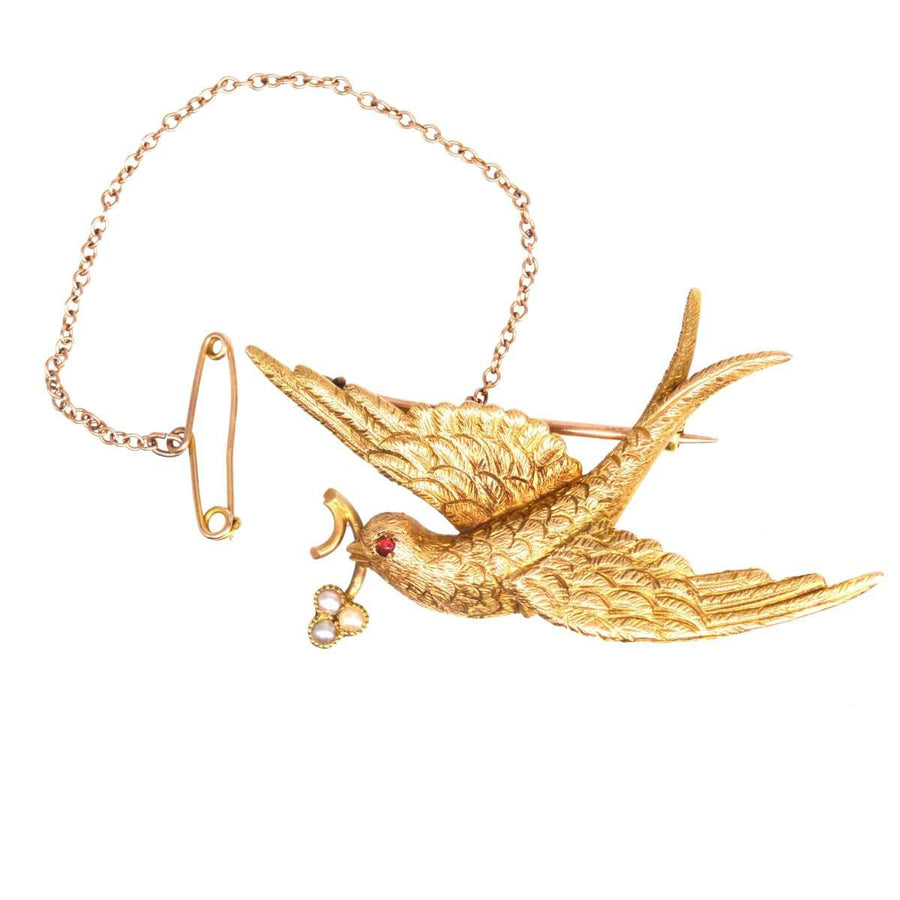 Viktorianische Vogelbrosche aus 15-karätigem Gold mit Perlenblüte, mit filigranen Verzierungen und Vintage-Charme.