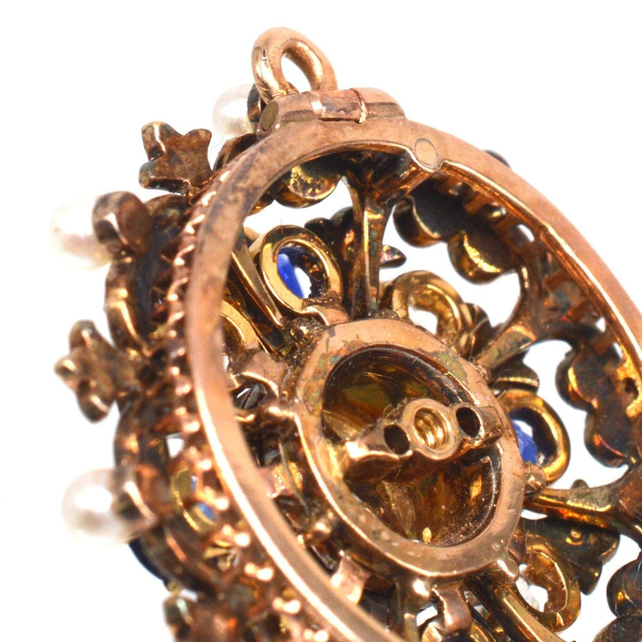 Viktorianische 18ct Gold Diamant, Saphir und natürliche Perle Brosche/Anhänger | Parkin und Gerrish | Antike & Vintage-Schmuck