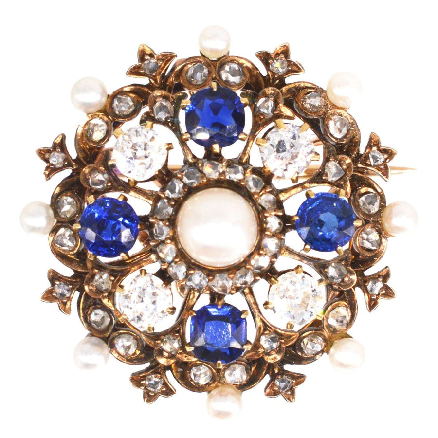 Viktorianische 18ct Gold Diamant, Saphir und natürliche Perle Brosche/Anhänger | Parkin und Gerrish | Antike & Vintage-Schmuck