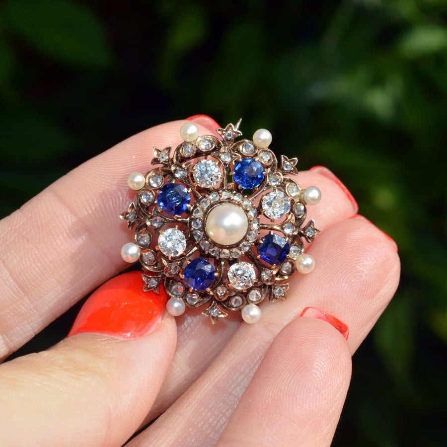 Viktorianische 18ct Gold Diamant, Saphir und natürliche Perle Brosche/Anhänger | Parkin und Gerrish | Antike & Vintage-Schmuck