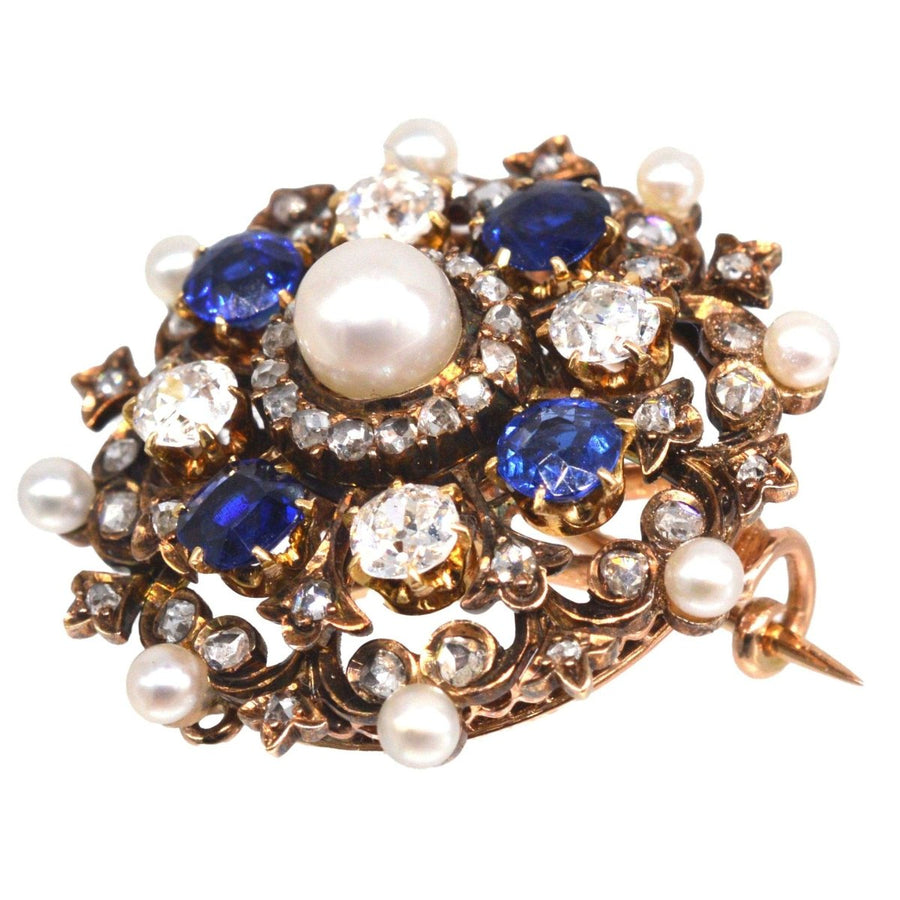 Viktorianische 18ct Gold Diamant, Saphir und natürliche Perle Brosche/Anhänger | Parkin und Gerrish | Antike & Vintage-Schmuck