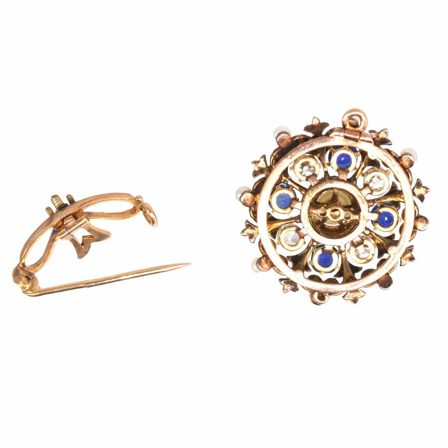 Viktorianische 18ct Gold Diamant, Saphir und natürliche Perle Brosche/Anhänger | Parkin und Gerrish | Antike & Vintage-Schmuck