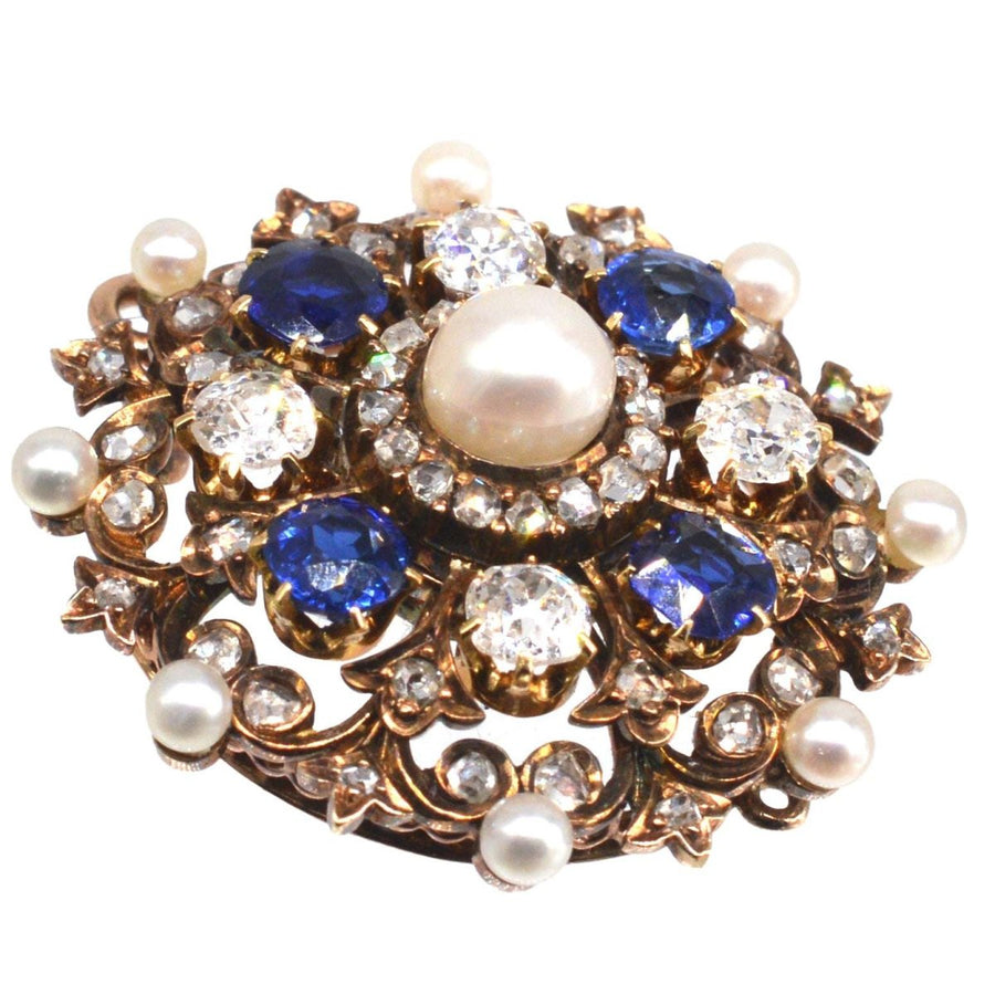 Viktorianische 18ct Gold Diamant, Saphir und natürliche Perle Brosche/Anhänger | Parkin und Gerrish | Antike & Vintage-Schmuck