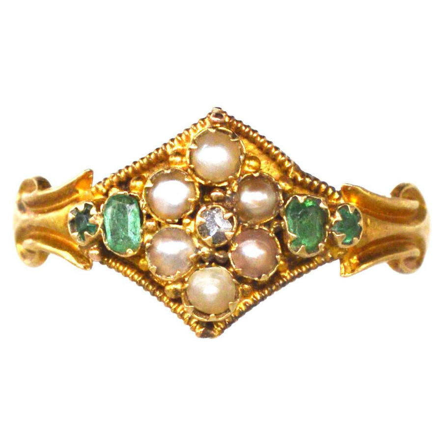 Viktorianischer 18ct Gold Smaragd, Diamant und Seed Pearl Ring | Parkin und Gerrish | Antiker & Vintage-Schmuck