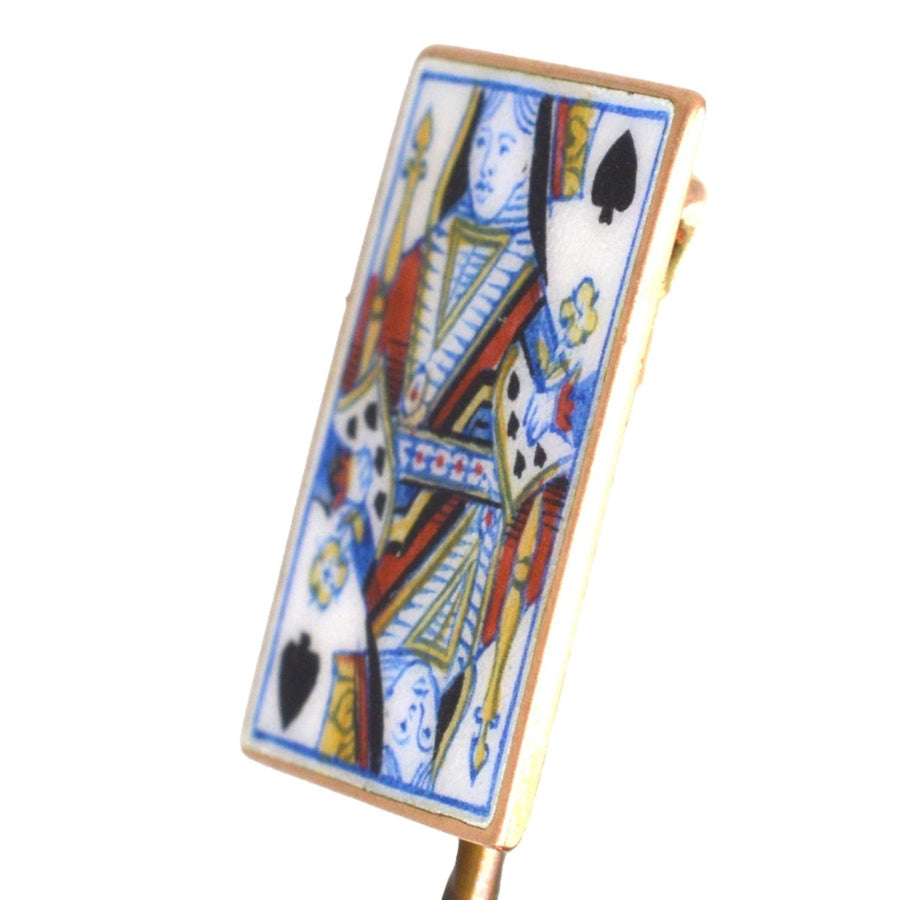 Viktorianische 18ct Gold & Emaille 'Pik Dame' Spielkarte Neuheit Krawattennadel | Parkin und Gerrish | Antike & Vintage-Schmuck