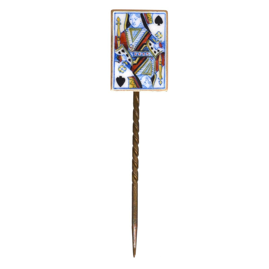 Viktorianische 18ct Gold & Emaille 'Pik Dame' Spielkarte Neuheit Krawattennadel | Parkin und Gerrish | Antike & Vintage-Schmuck