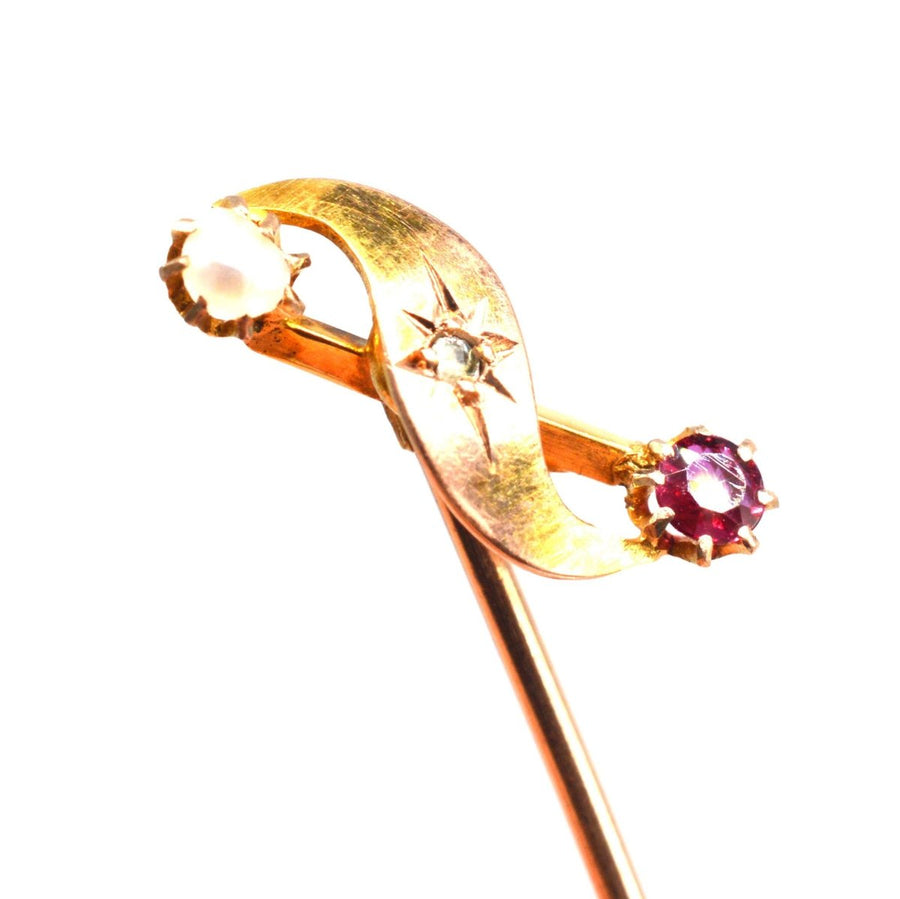 Viktorianische 9ct Gold Perle, Rubin und Stern - Set Diamant Krawattennadel | Parkin und Gerrish | Antike & Vintage-Schmuck